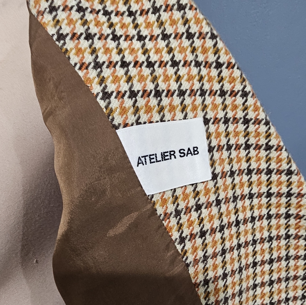 ATELIER SAB Women Wool Houndstooth Cream Brown Orange Cropped Jacket M/L - Picture 9 of 10